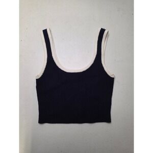 Mooloola Womens Navy Blue Contrast Trim Ribbed Knit Scoop Neck Crop Tank Top M